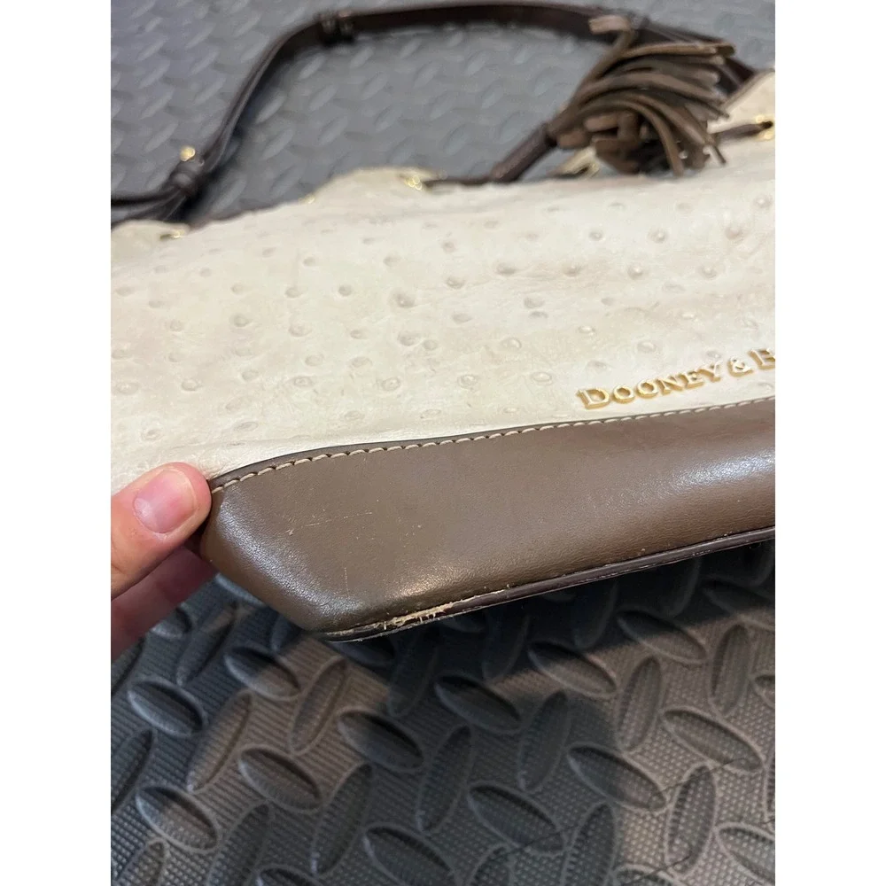 Dooney & Bourke Bucket Bag Womens Medium Cream Brown Ostrich Embossed Tassel
